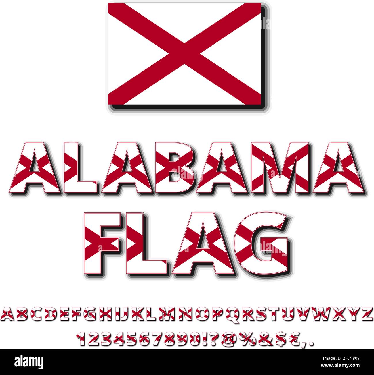 Schriftart der US-Bundesstaaten von Alabama. Alphabet, Zahlen und Symbole nach Staatsflagge stilisiert. Vektorsatz Stock Vektor