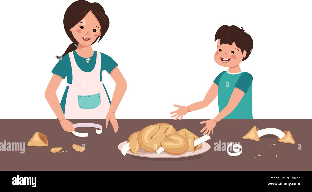 Fröhliche Kinder essen chinesische Glückskekse. Das Mädchen und der Junge nehmen festliche Süßigkeiten vom Teller Stock Vektor