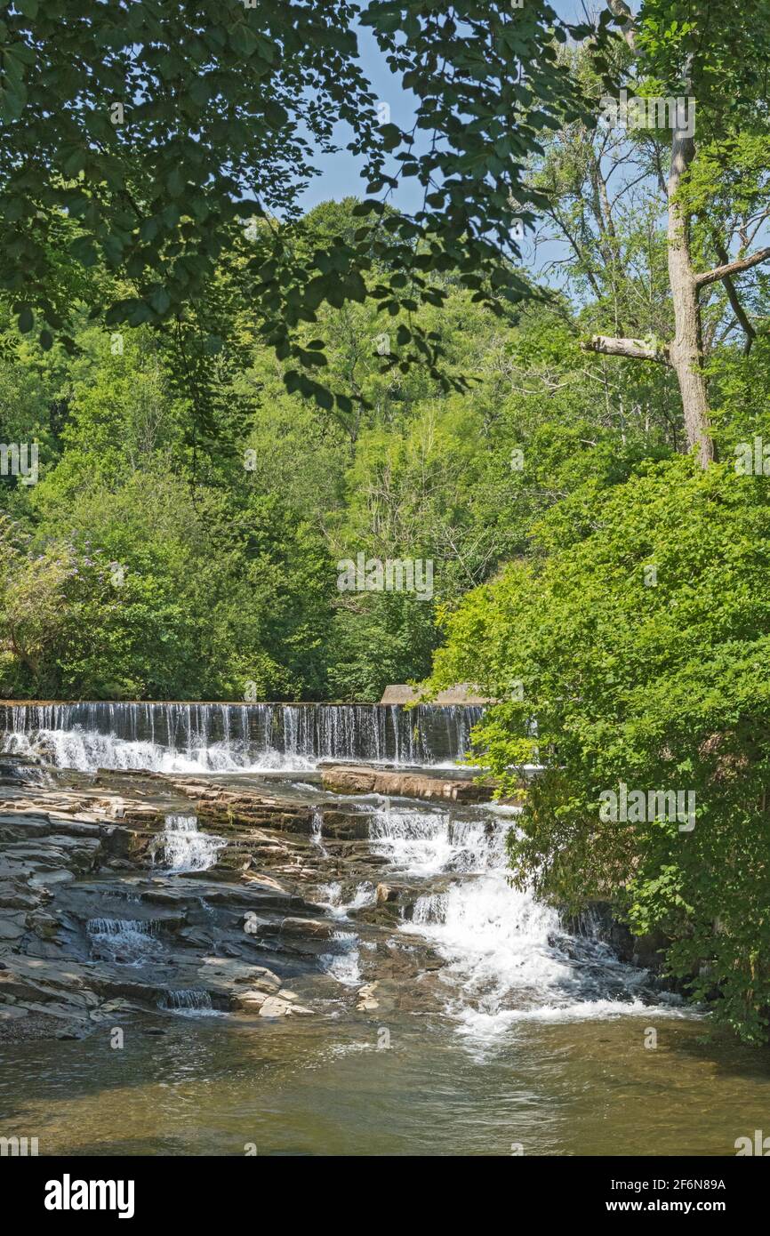 Wehr und Wasserfall am Lower Clydach River, Clydach, Swansea, South Wales, Großbritannien Stockfoto