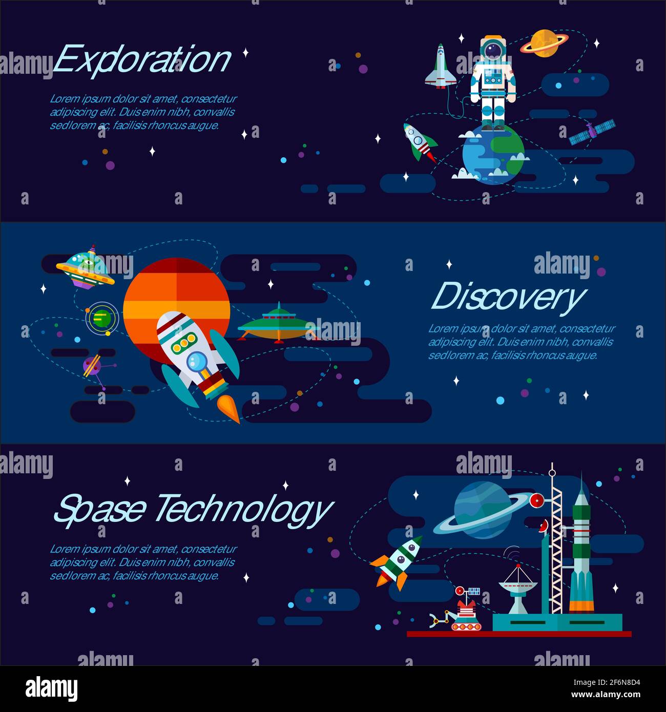 Weltraumbanner und -Flyer mit einem Astronauten, einer Raumstation, Planeten, Raumschiffen, Satelliten und ufo im flachen Stil Stock Vektor