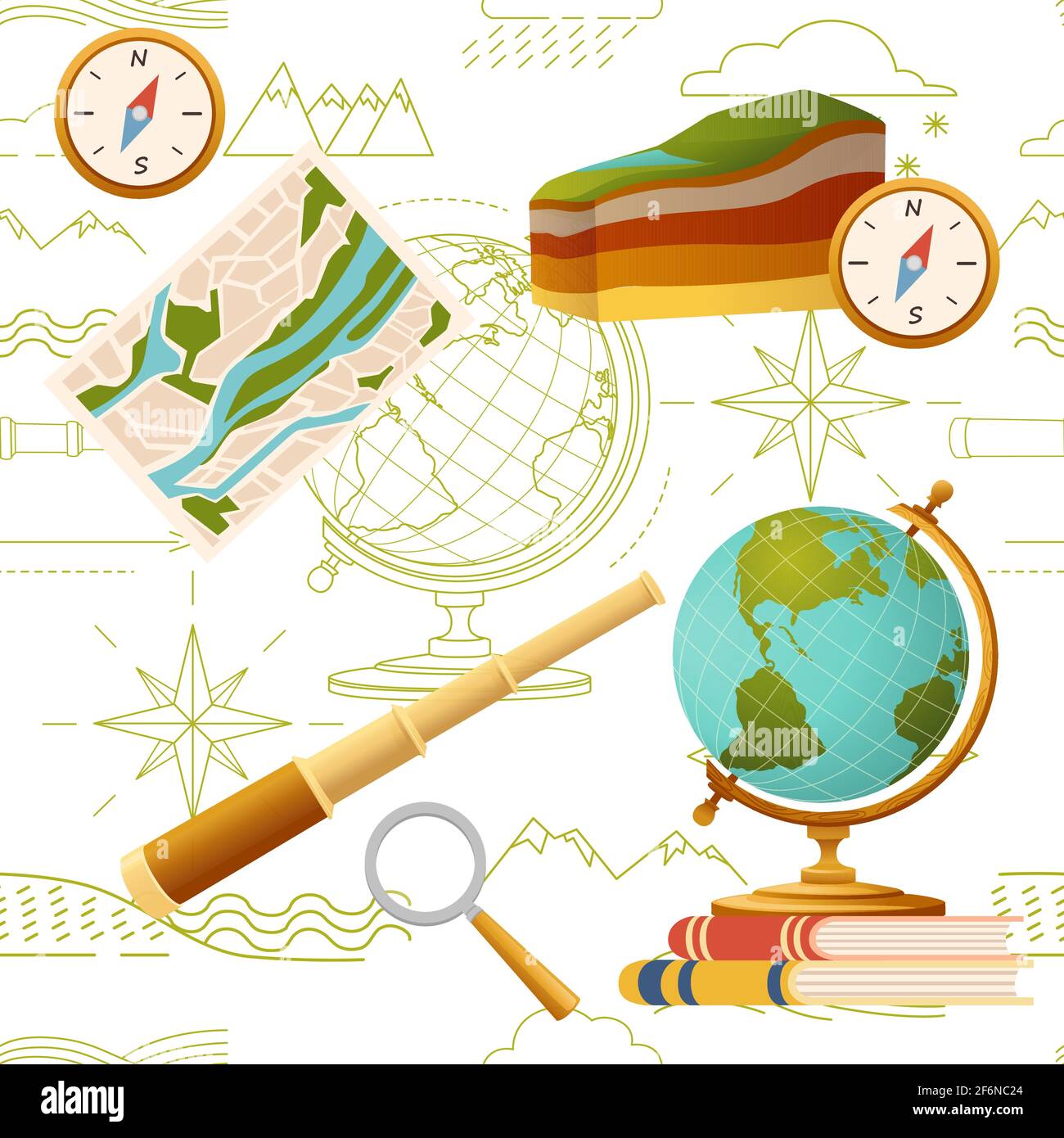 Nahtlose Muster Geographie Wissenschaft Kurse Online Bildung Konzept oder Schule Lektion Vektor Illustration auf weißem Hintergrund. Stock Vektor