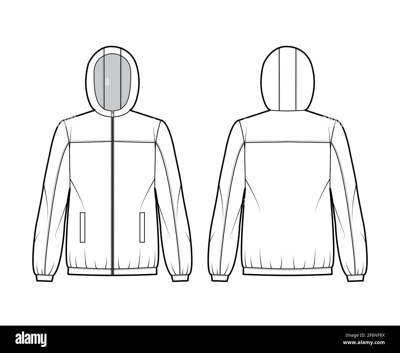 Windbreaker Jacke technische Mode-Illustration mit Kapuze, übergroße, lange  Ärmel, leistentaschen, Reißverschluss-Öffnung. Flatcoat Vorlage vorne,  hinten weiß Farbgebung. Damen, Herren, Unisex TOP CAD Mockup  Stock-Vektorgrafik - Alamy