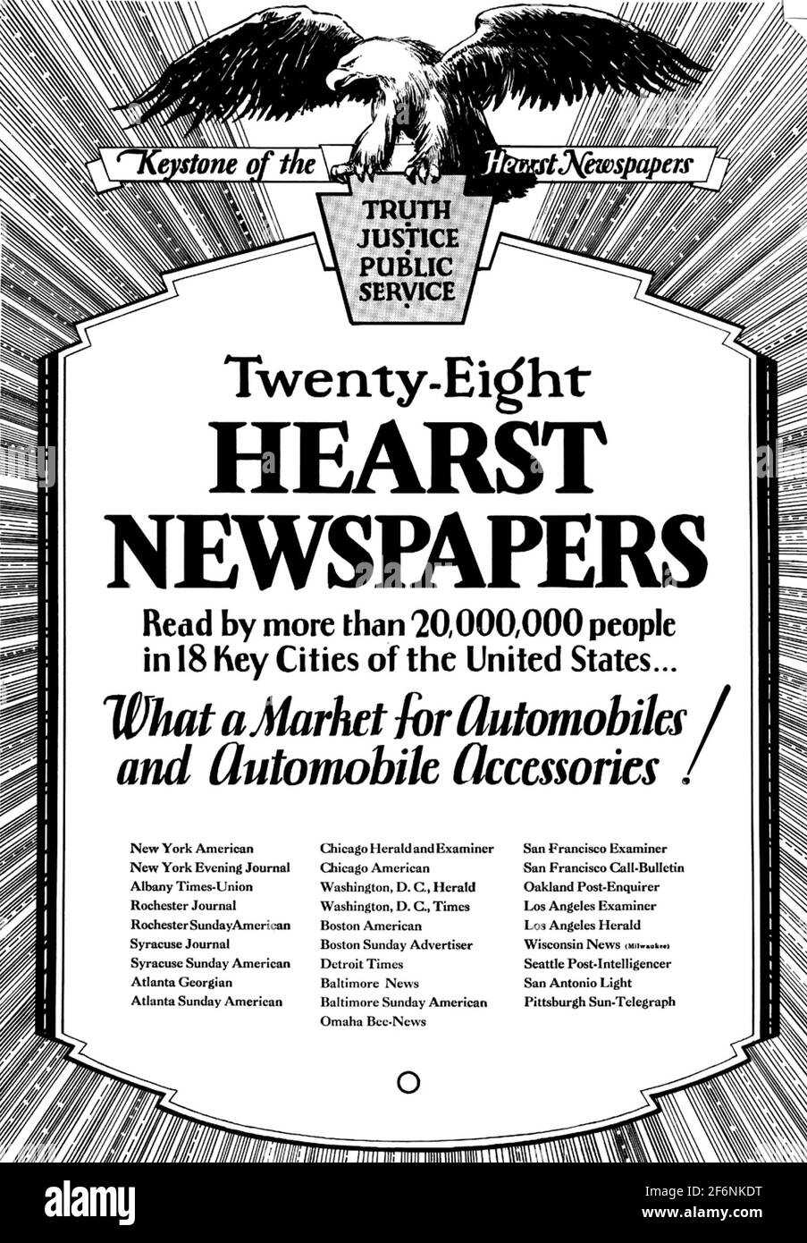 WILLIAM RANDOLPH HEARST (1863-1951) amerikanischer Medienmogul. Ein Werbespot über 1930, der seine zahlreichen Zeitungsbestände bewirbt. Stockfoto