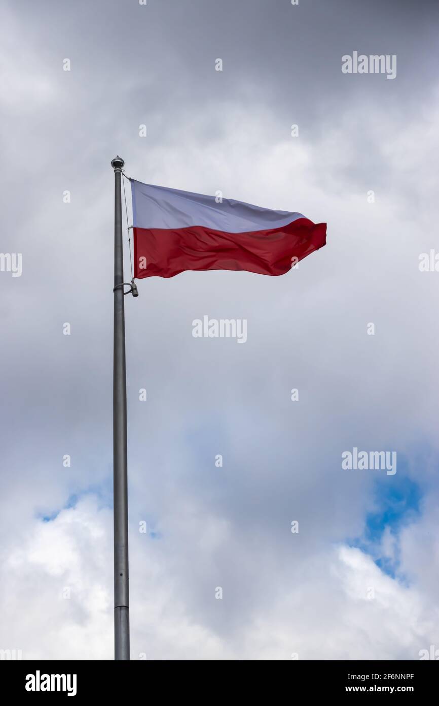 Die polnische Nationalflagge winkt gegen den bewölkten Himmel. Weiches Licht, an einem bewölkten Tag. Stockfoto