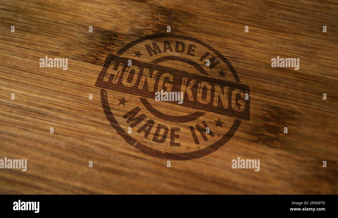 Made in Hong Kong Stempel auf Holzkiste gedruckt. Fabrik-, Fertigungs- und Produktionslandkonzept. Stockfoto