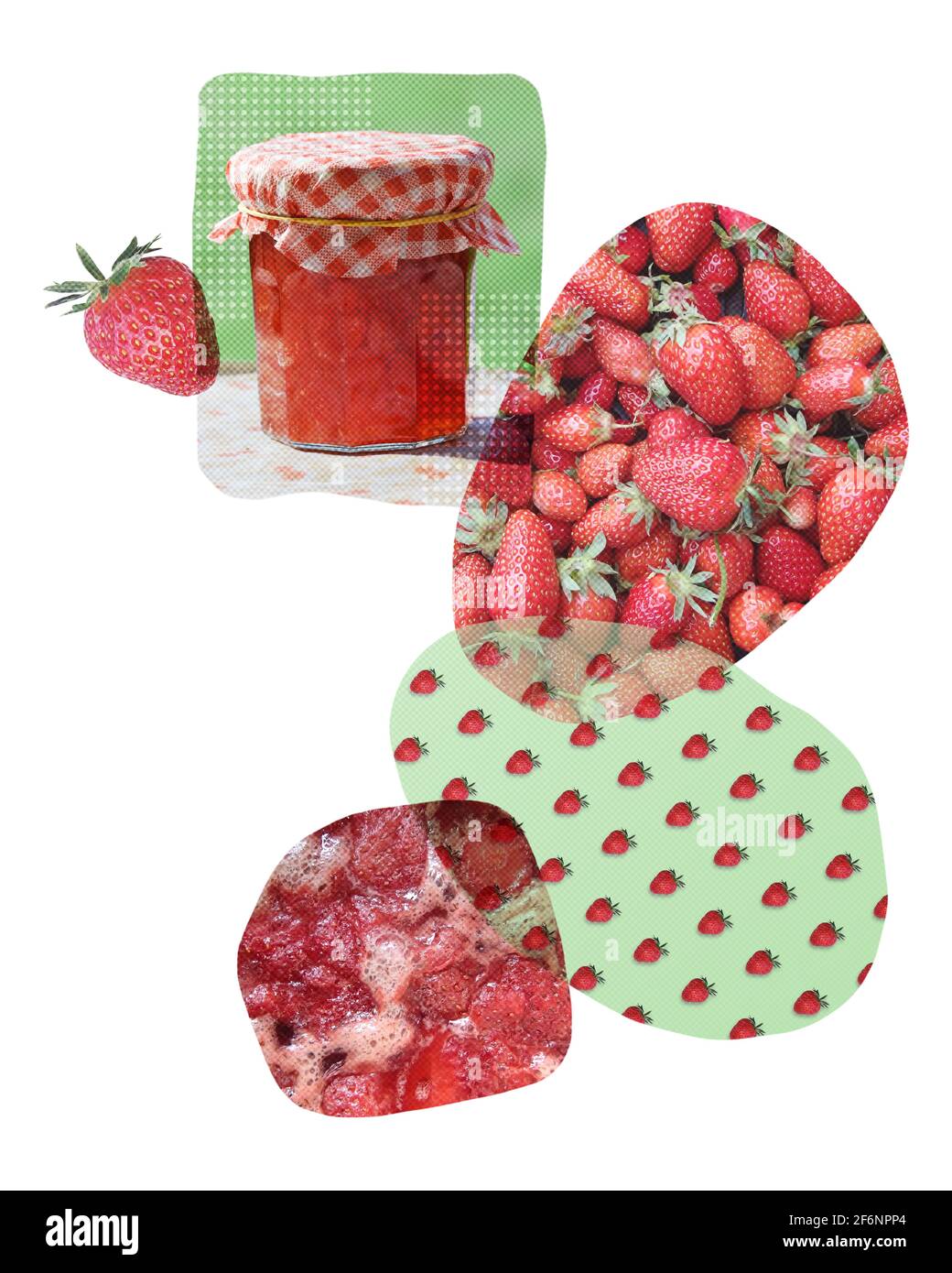 Collage aus frischen Bio-Erdbeeren und Marmelade - Design - Gepunkteter Effekt – Fotomontage Stockfoto