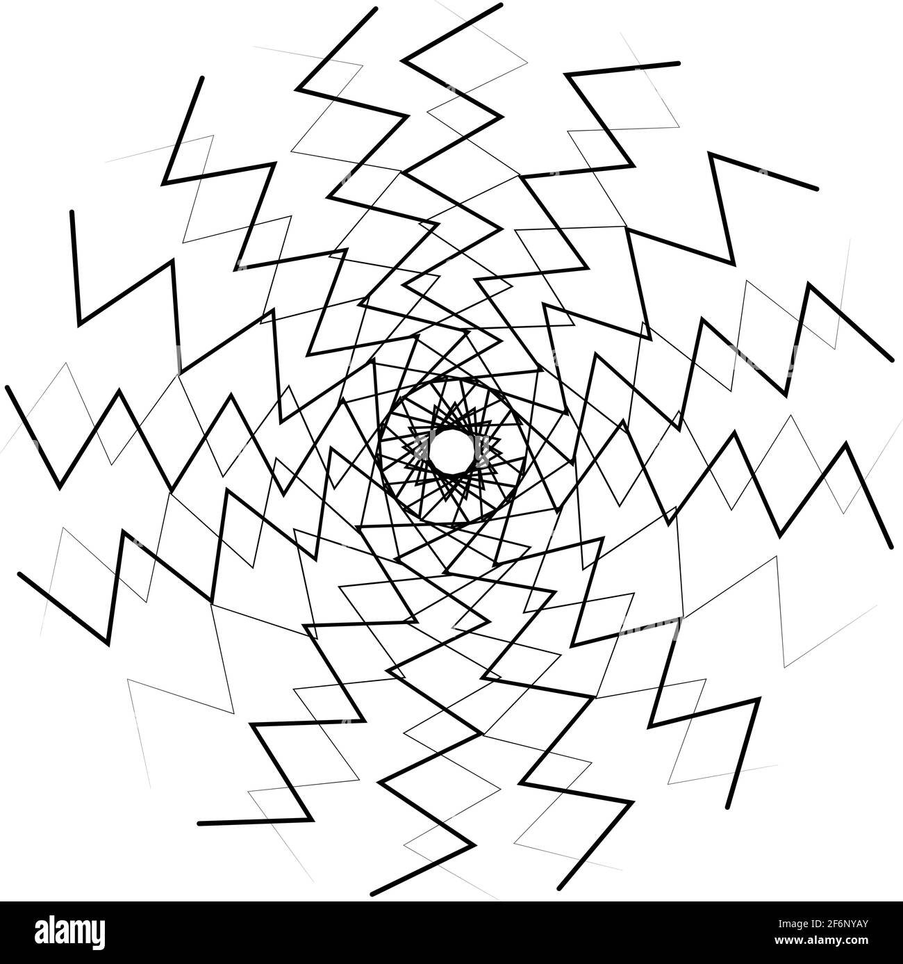 Radiales, abstraktes, strahlendes Motiff, Icon, Mandala-Element. Verzerrte, verformte, wellige, kreisförmige Linien im Zickzack-Muster. Zusammenführen, Kreuz und quer Stock Vektor