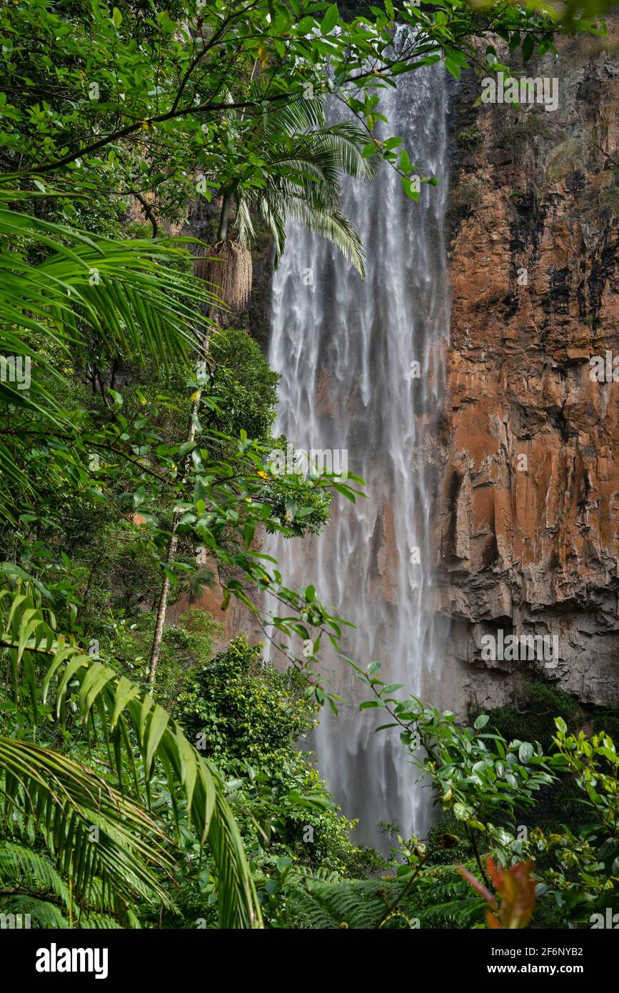 Ein Wasserfall stürzt sich auf eine Klippe mit üppigen grünen Bäumen Im Vordergrund Stockfoto