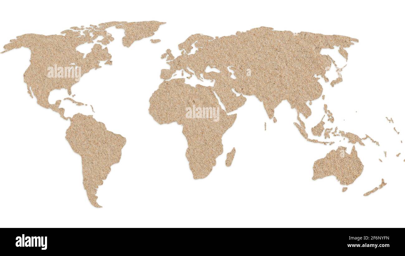 Weltkarte aus feinkörnigem Sand, isoliert auf weißem Hintergrund. 4k-Auflösung. Stockfoto
