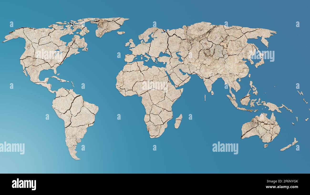 Weltkarte aus rissem, getrocknetem Boden während der Trockenheit, blauer Hintergrund. 4k-Auflösung. Konzept der globalen Erwärmung, des Klimawandels und der Wüstenbildung. Stockfoto