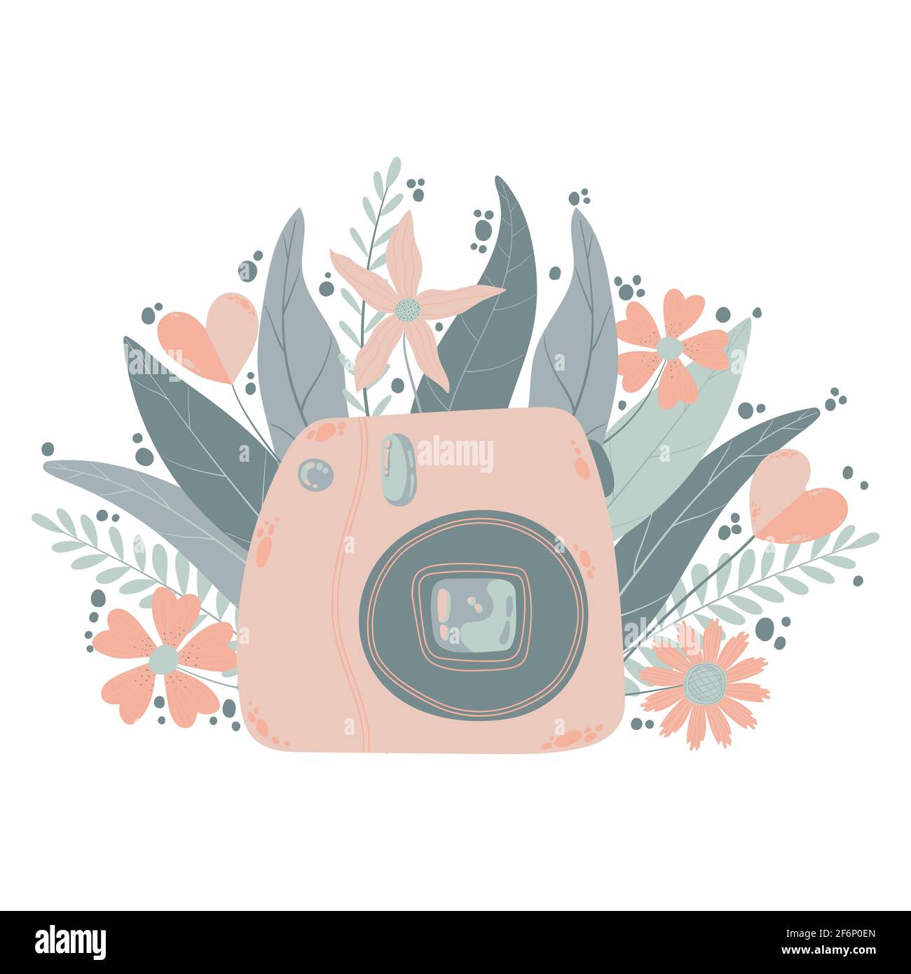 Niedliche bunte Instant-Fotokamera mit flacher Cartoon-Optik. Vektor handgezeichnete Kompaktkamera mit floraler Illustration mit Pastellfarben. Stock Vektor