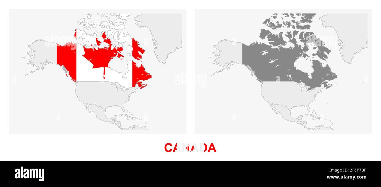 Zwei Versionen der Karte von Kanada, mit der Flagge von Kanada und dunkelgrau hervorgehoben. Vektorkarte. Stock Vektor