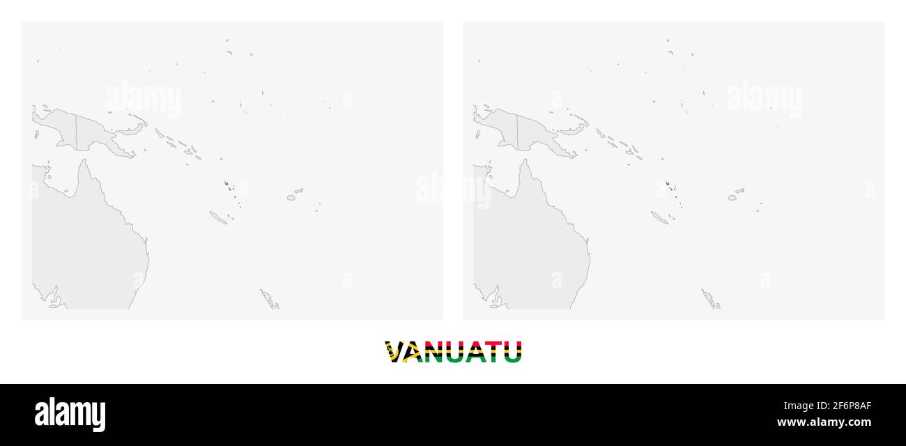Zwei Versionen der Karte von Vanuatu, mit der Flagge von Vanuatu und dunkelgrau hervorgehoben. Vektorkarte. Stock Vektor