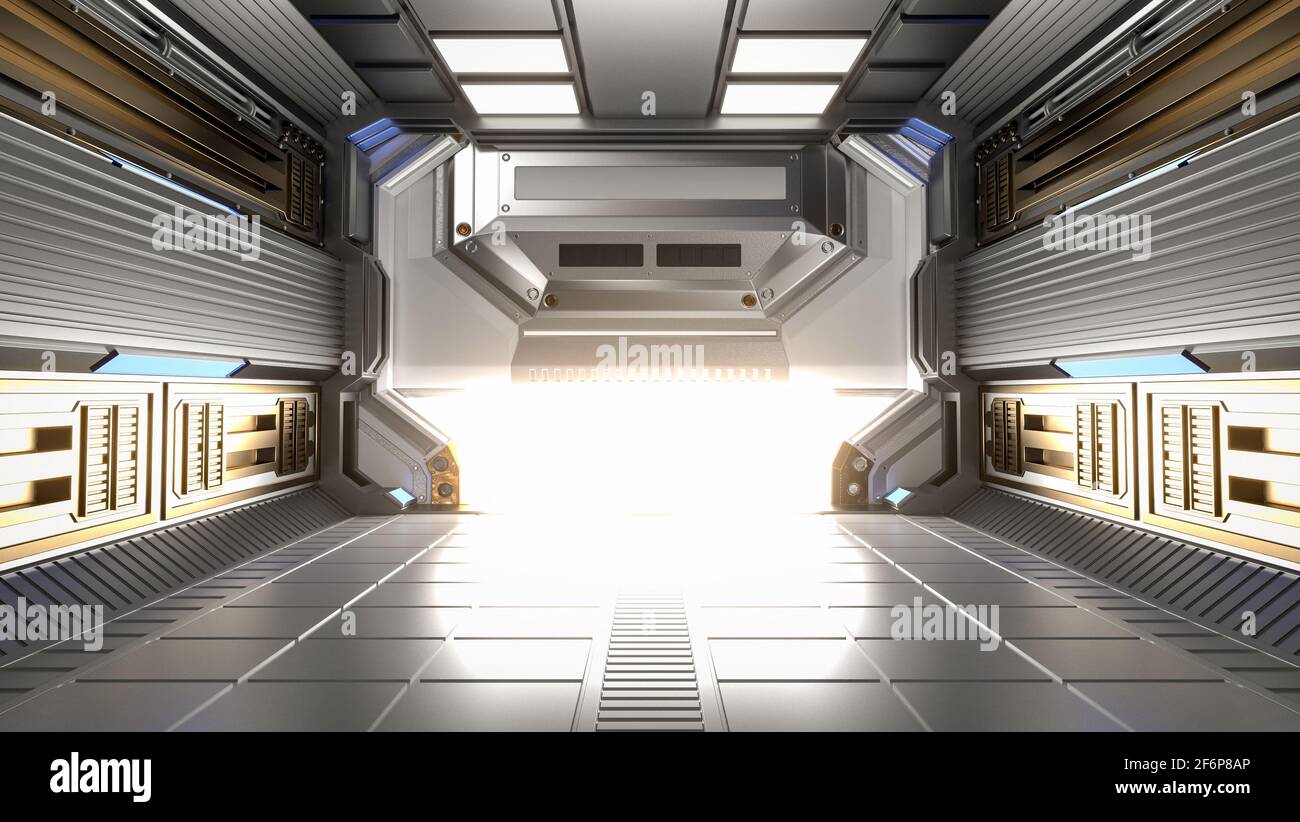 Futuristische Architektur Sci-Fi Flur und Korridor Interieur, 3D Rendering Stockfoto