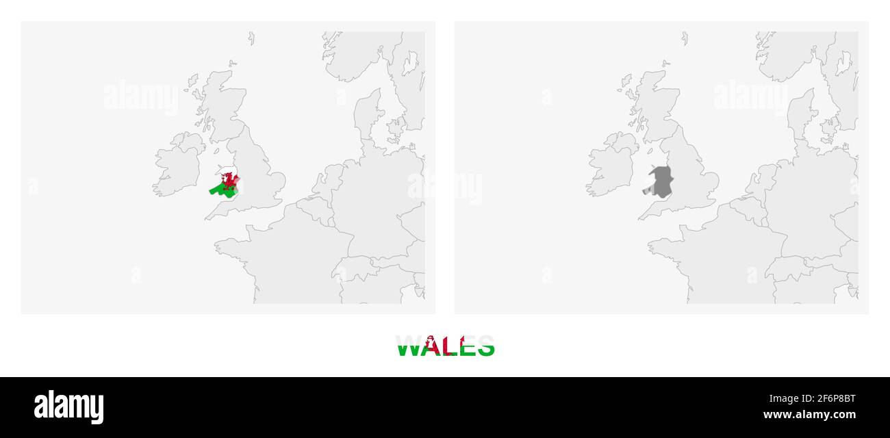 Zwei Versionen der Karte von Wales, mit der Flagge von Wales und dunkelgrau hervorgehoben. Vektorkarte. Stock Vektor
