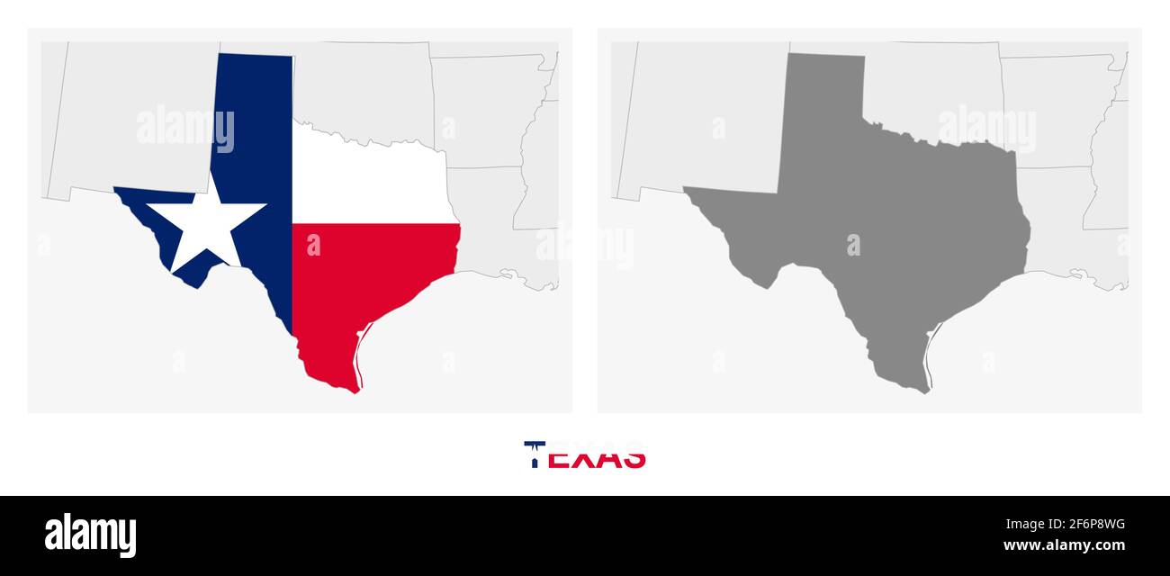 Zwei Versionen der Karte des US-Bundesstaates Texas, mit der Flagge von Texas und dunkelgrau hervorgehoben. Vektorkarte. Stock Vektor