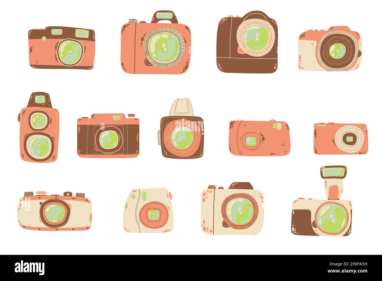 Vector Sammlung von handgezeichneten Fotokameras in Cartoons flaches Design. Isoliert auf weißem Hintergrund. Set von verschiedenen bunten Kameras im Doodle-Stil. Stock Vektor