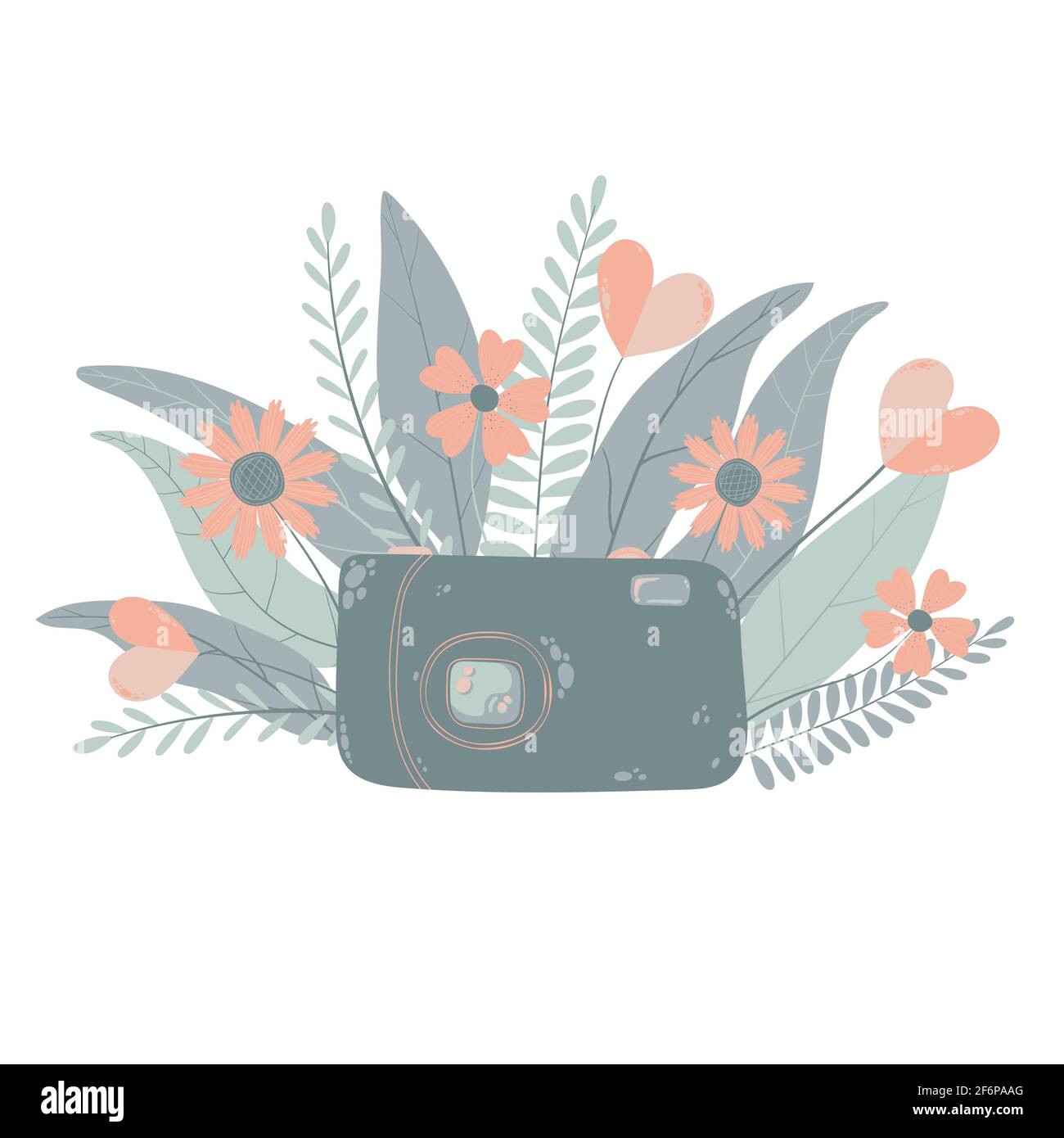 Niedliche bunte digitale Fotokamera mit Flowers im flachen Cartoon-Stil. Vektor handgezeichnete Kompaktkamera mit floraler Illustration mit Pastellfarben. Stock Vektor