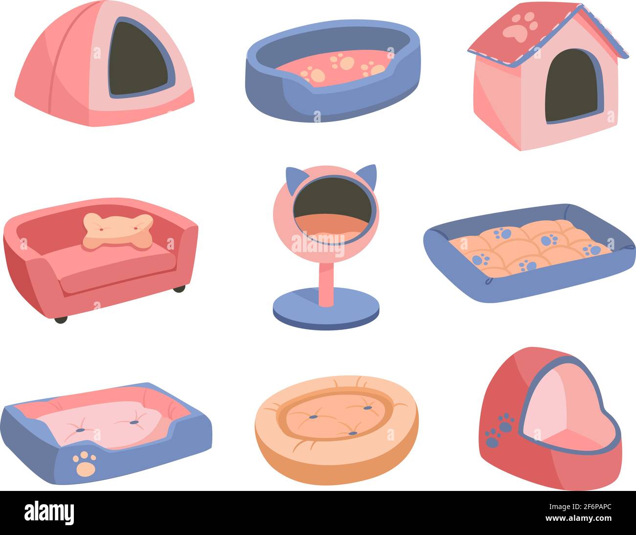 Ein Satz von Betten für ein Haustier, einen Hund oder eine Katze. Flache Vektordarstellung von Waren für Tiere. Objekte isoliert auf weißem Hintergrund, Cartoon-Stil. Violette, rosa, goldene Farben. Stock Vektor