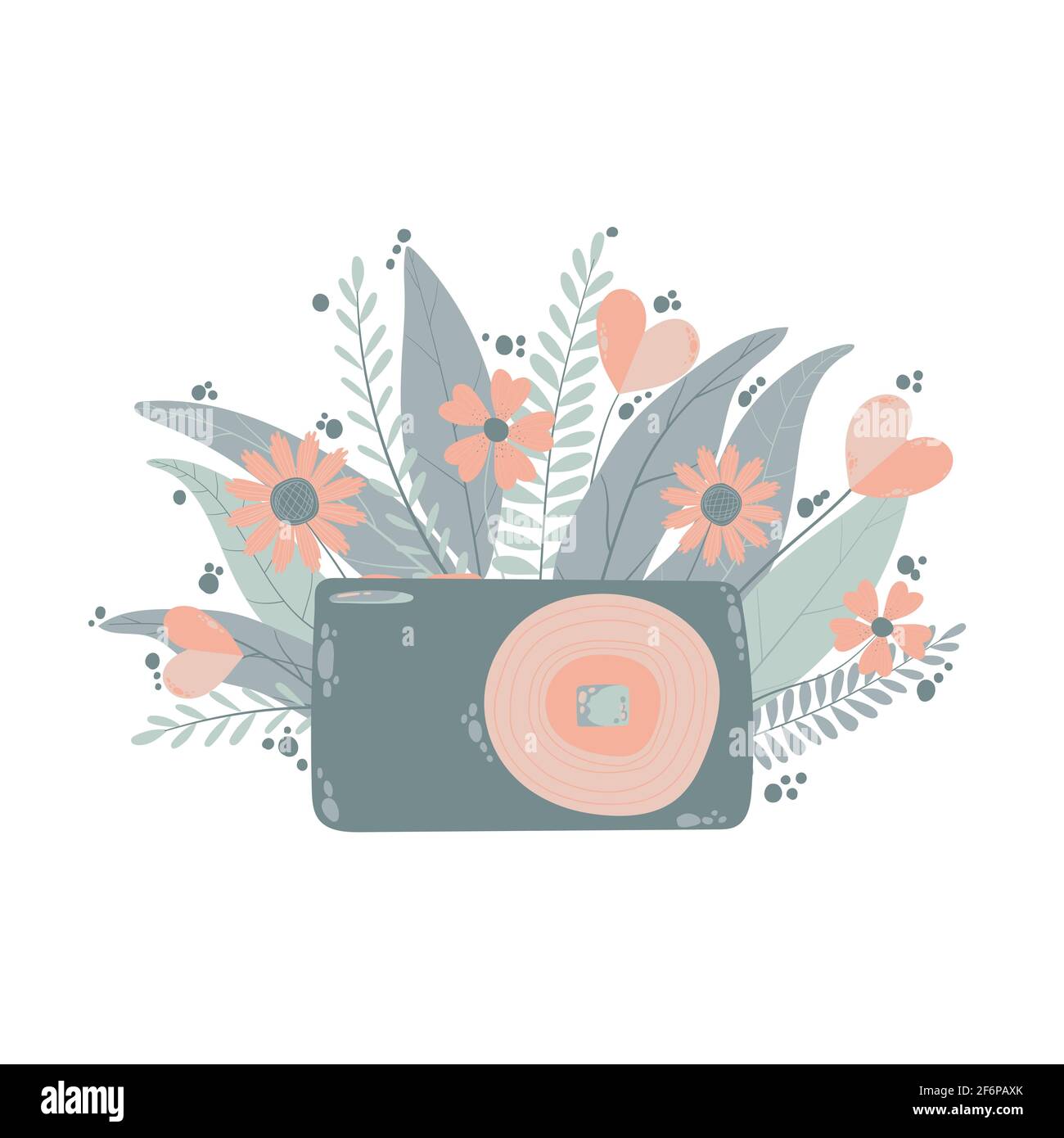 Niedliche bunte digitale Fotokamera mit Flowers im flachen Cartoon-Stil. Vektor handgezeichnete Kompaktkamera mit floraler Illustration mit Pastellfarben. Stock Vektor