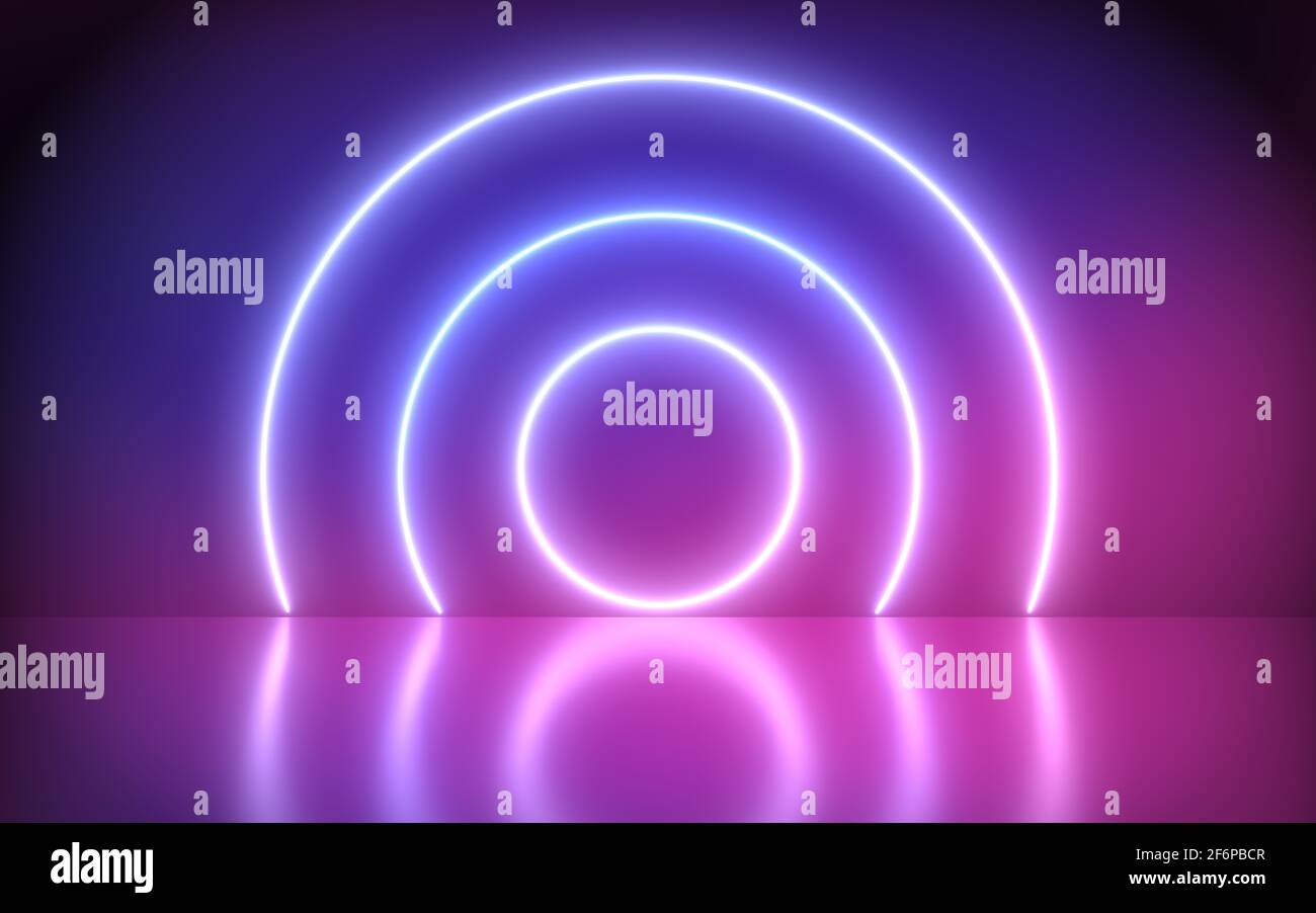 Abstrakter Neon-Hintergrund, rosa und blaues Spektrum lebendige Farben, leuchtende Linien, Tunnel, Neonlichter, virtuelle Realität, Rundes Portal, Bogen, Lasershow. Stockfoto