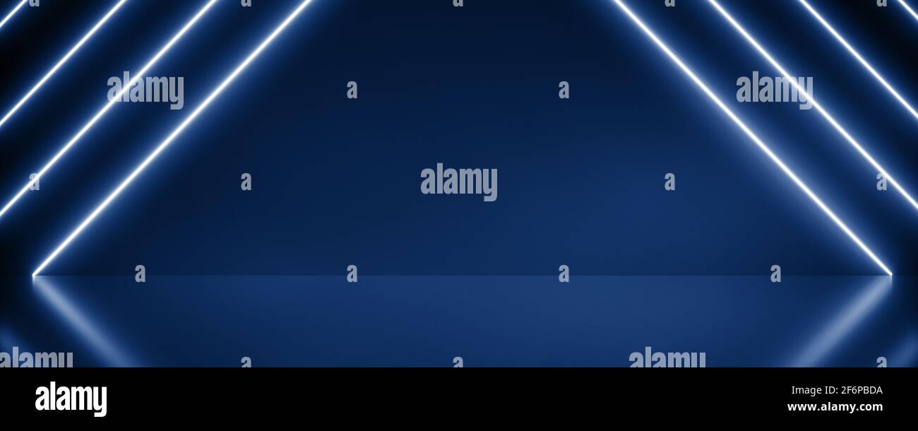 Hintergrund Panorama Neon Abstract Phantom Blue mit Light Shapes Linie Diagonalen auf bunten und reflektierenden Boden, Party-und Konzert-Konzept. Stockfoto