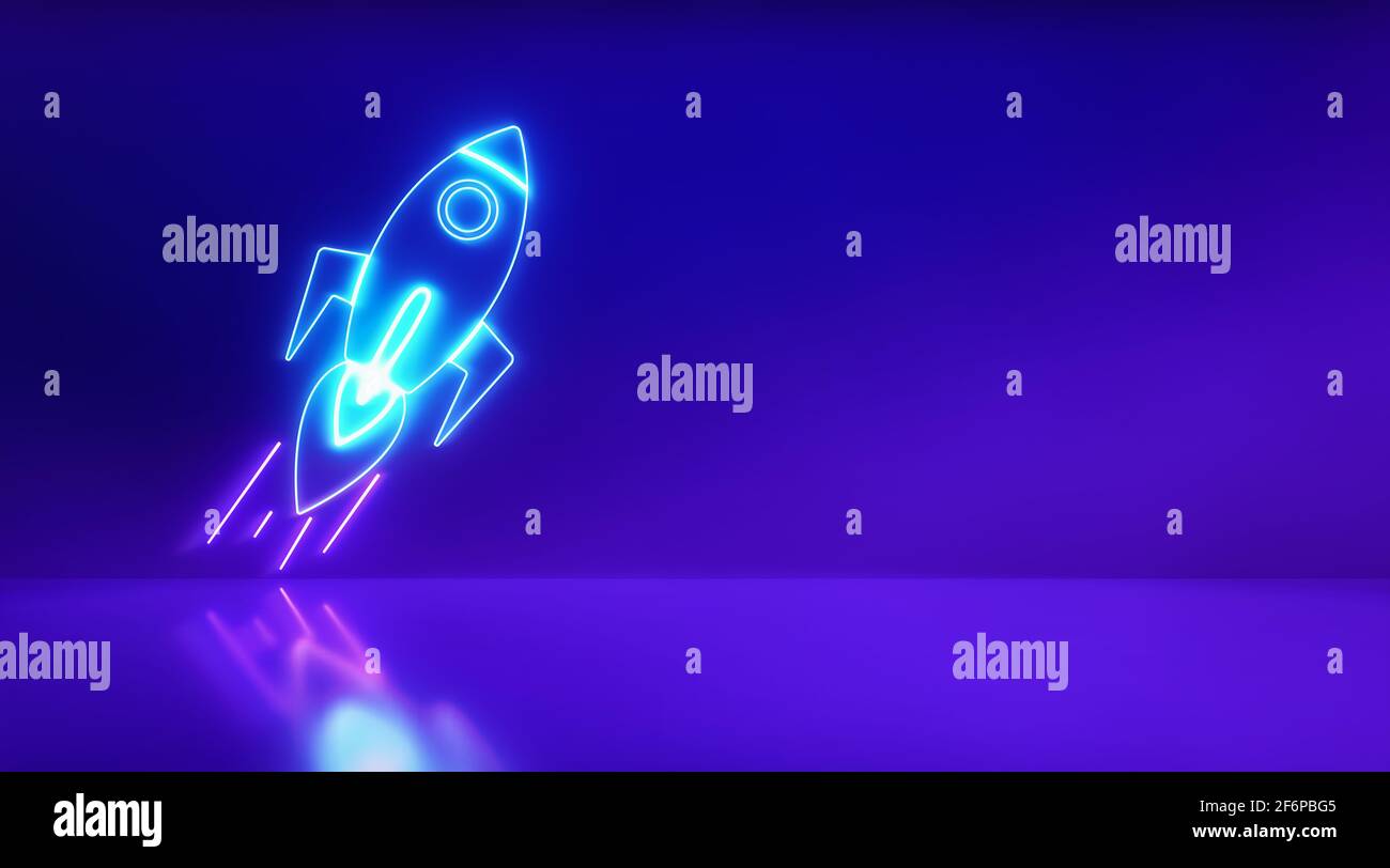 Rocket Neonlicht-Ikone mit violettem Hintergrund im Studio. Starten Sie das Start-up- und Idea-Konzept. 3d-Rendering - Illustration. Stockfoto