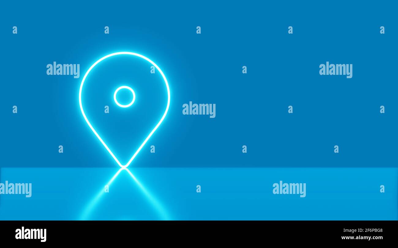 Konzept der globalen Koordinate. Kartenbeschriftungssymbol. Standort Neonlicht Symbol blauer Hintergrund mit Platz für Text. 3d-Rendering - Illustration. Stockfoto