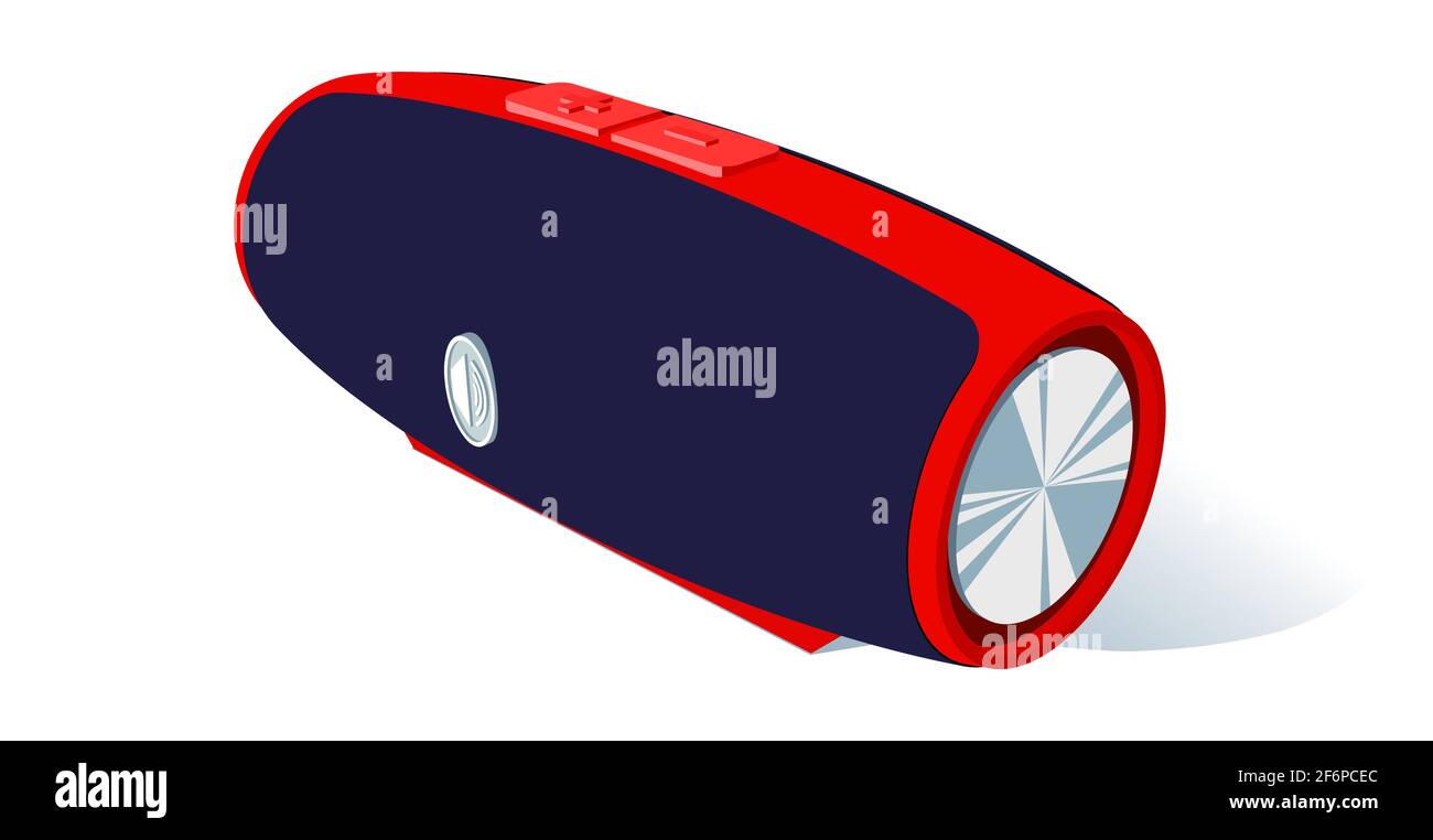 Tragbarer Akustik- oder mobiler Lautsprecher für Musik mit roter Farbe und Perspektive. Modernes Musik-Gerät für Partys oder Reisen Stock Vektor