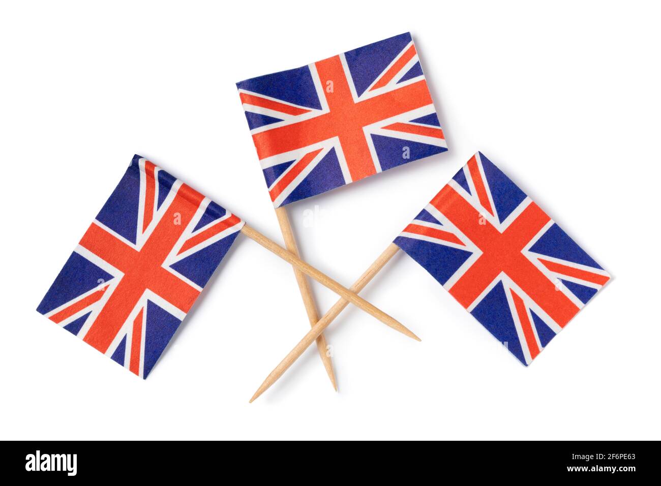 Miniatur britische Flagge Cocktail-Sticks isoliert auf weißem Hintergrund schließen Nach oben Stockfoto