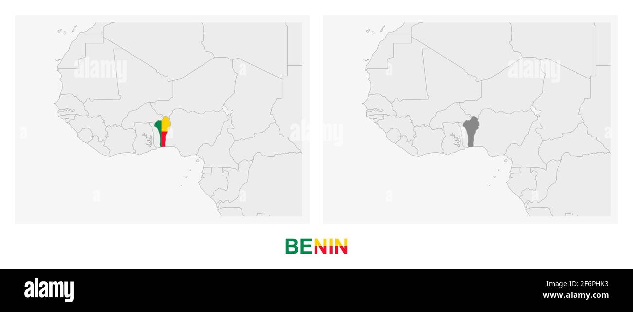 Zwei Versionen der Karte von Benin, mit der Flagge von Benin und dunkelgrau hervorgehoben. Vektorkarte. Stock Vektor