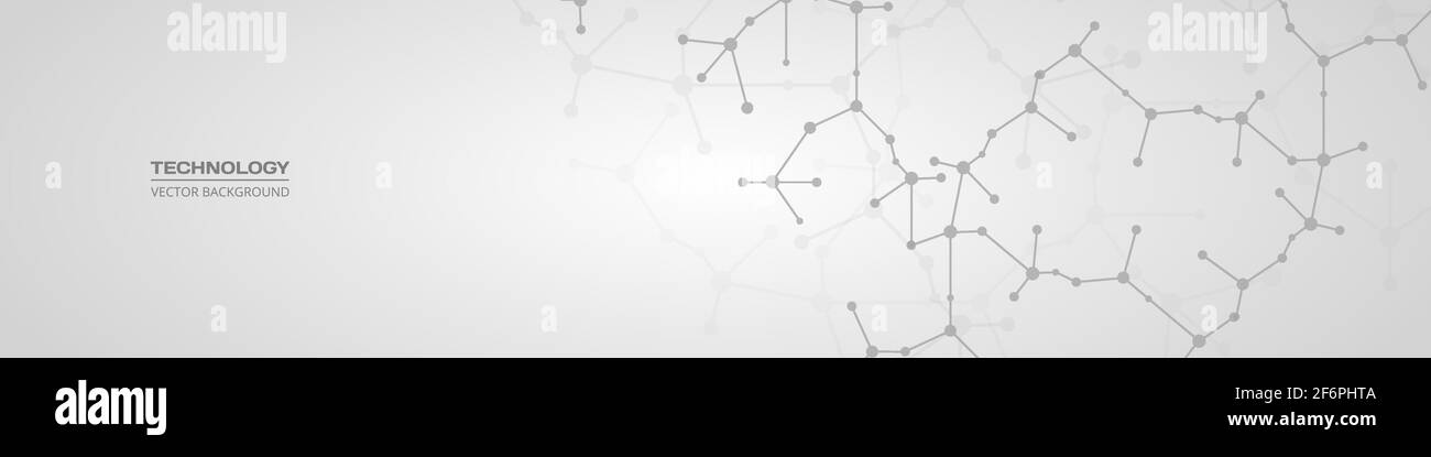 Abstrakte Moleküle auf einem weichen grauen breiten horizontalen Banner. Medizinisches Design, wissenschaftliches und technologisches Konzept. Molekulare Strukturen oder dna-Strang. Stock Vektor