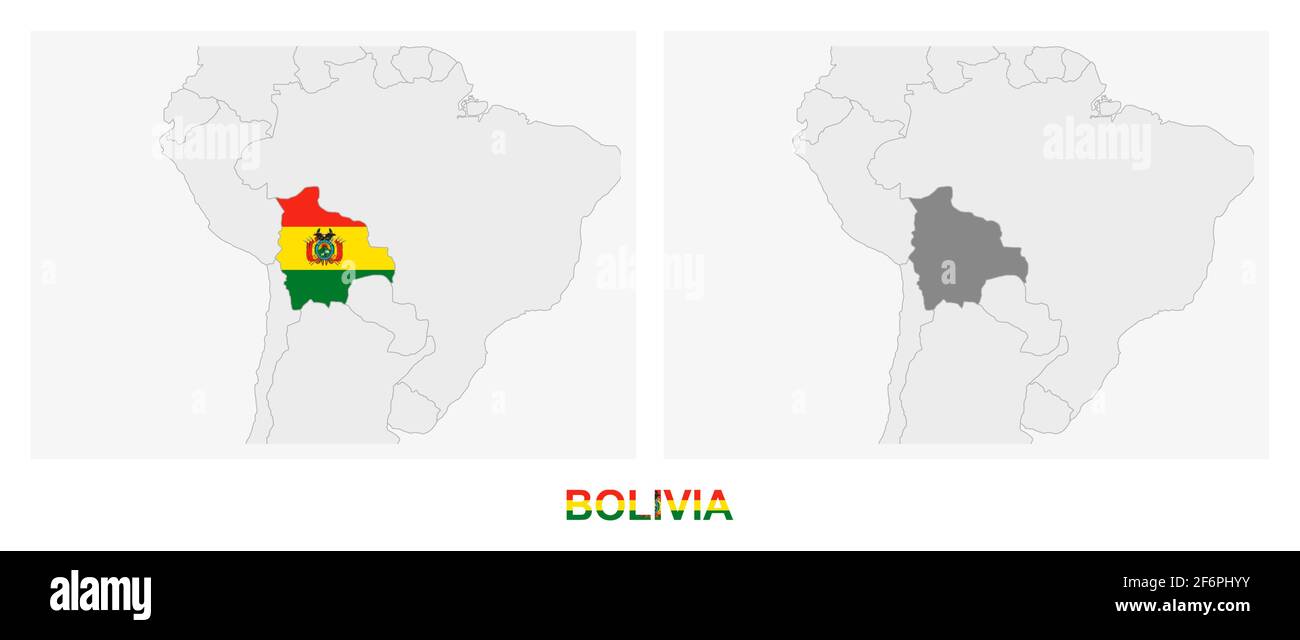 Zwei Versionen der Karte von Bolivien, mit der Flagge Boliviens und dunkelgrau hervorgehoben. Vektorkarte. Stock Vektor