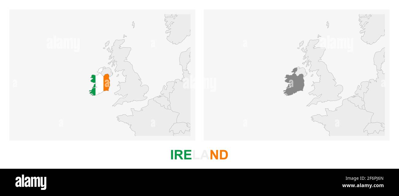 Zwei Versionen der Karte von Irland, mit der Flagge von Irland und in dunkelgrau hervorgehoben. Vektorkarte. Stock Vektor