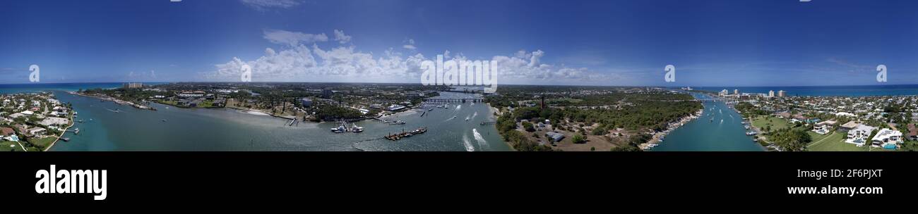 Luftpanorama Jupiter Inlet Szene mit Leuchtturm Stockfoto