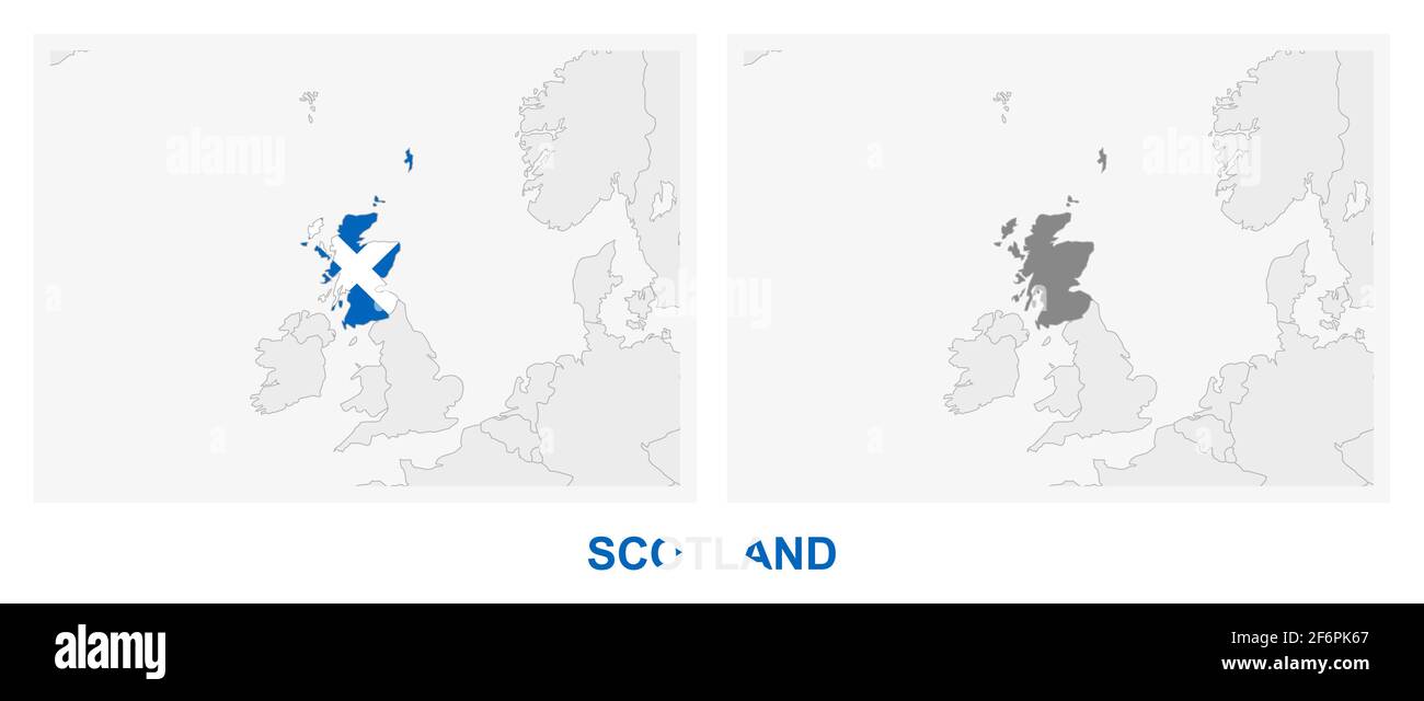 Zwei Versionen der Karte von Schottland, mit der Flagge von Schottland und dunkelgrau hervorgehoben. Vektorkarte. Stock Vektor