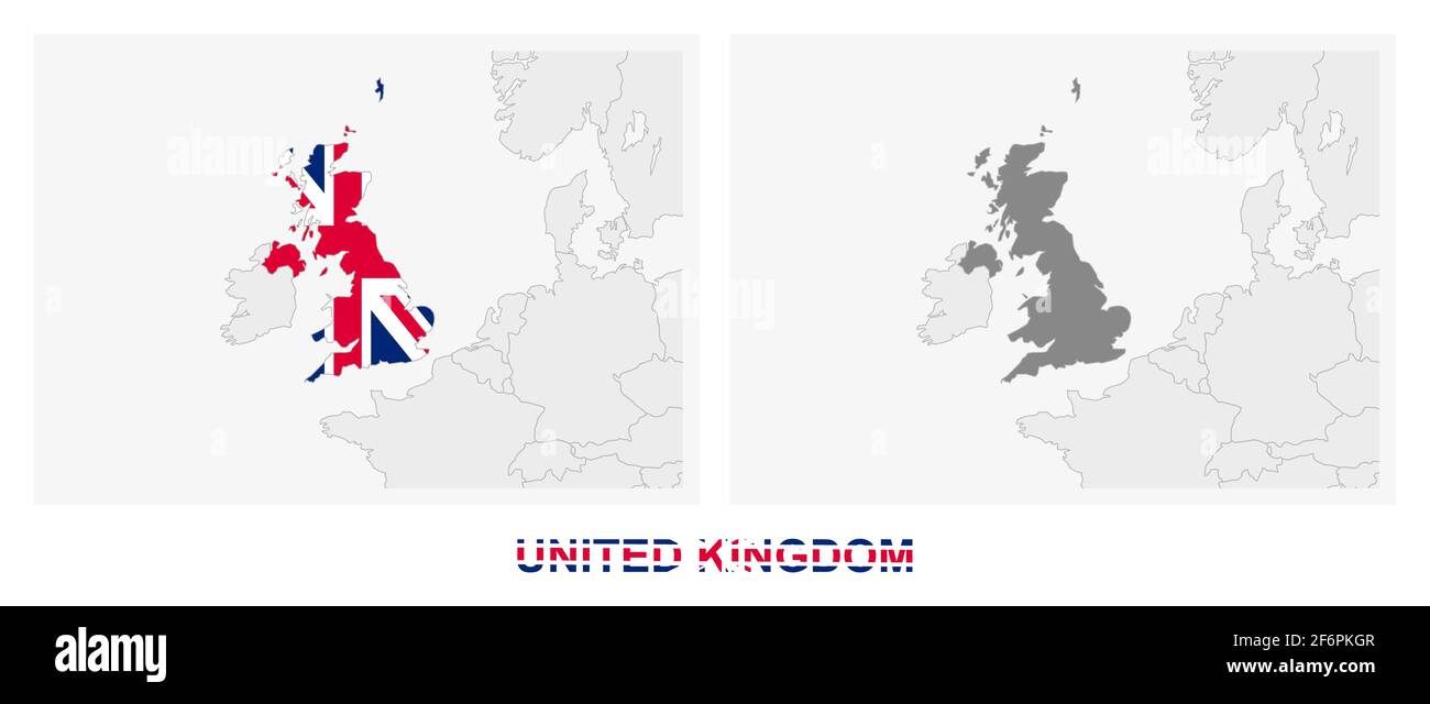 Zwei Versionen der Karte von Großbritannien, mit der Flagge von Großbritannien und dunkelgrau hervorgehoben. Vektorkarte. Stock Vektor