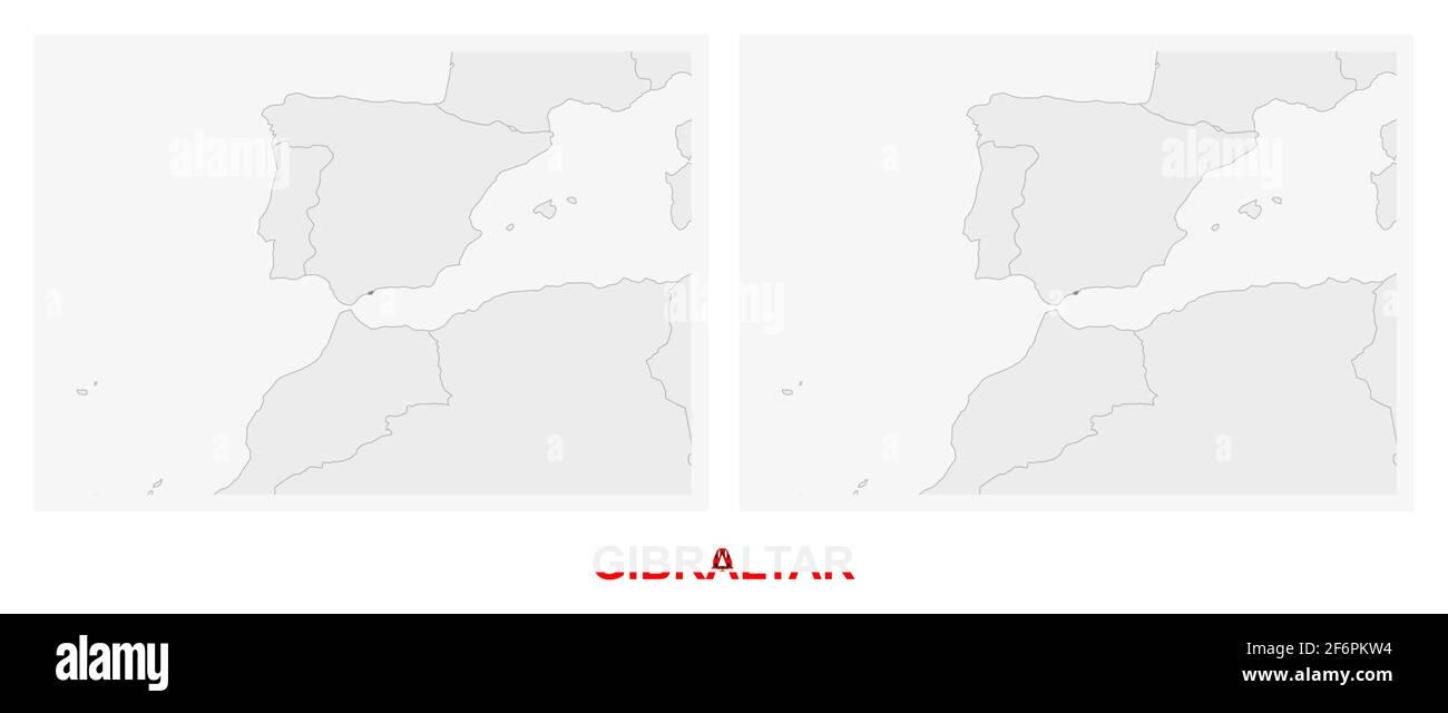 Zwei Versionen der Karte von Gibraltar, mit der Flagge von Gibraltar und dunkelgrau hervorgehoben. Vektorkarte. Stock Vektor