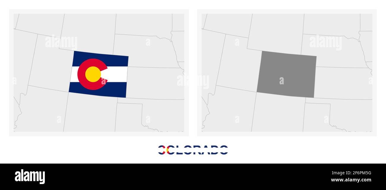 Zwei Versionen der Karte des US-Bundesstaates Colorado, mit der Flagge Colorados und dunkelgrau hervorgehoben. Vektorkarte. Stock Vektor
