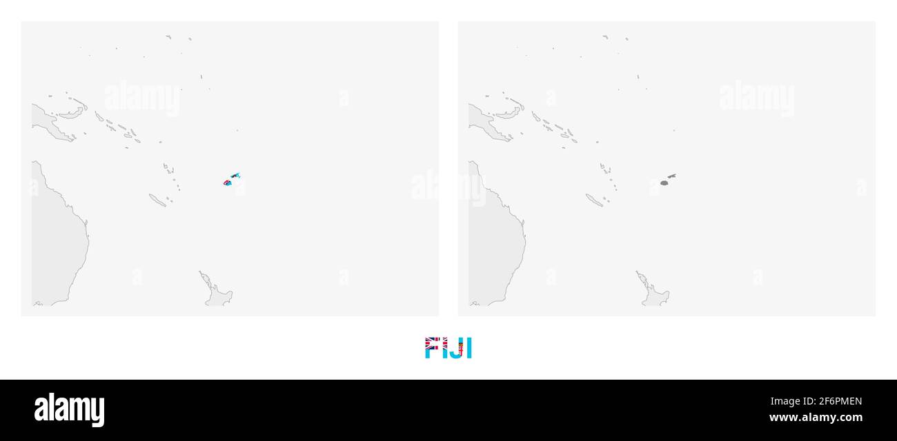 Zwei Versionen der Karte von Fidschi, mit der Flagge von Fidschi und dunkelgrau hervorgehoben. Vektorkarte. Stock Vektor