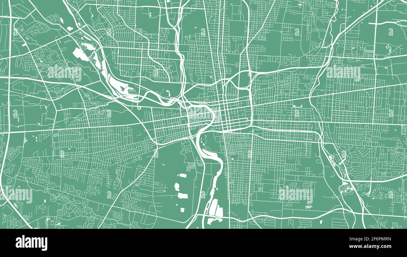 Grüne Vektor Hintergrund Karte, Columbus Stadtgebiet Straßen und Wasserkartographie Illustration. Breitbild-Proportion, digitale Flat-Design-Streetmap. Stock Vektor