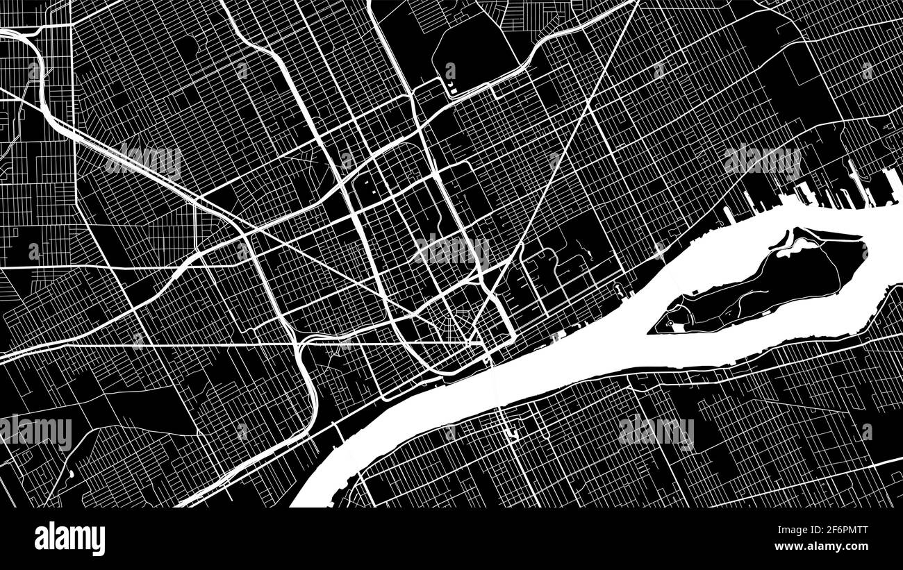 Schwarz-Weiß-Vektor-Hintergrundkarte, Detroit Stadtgebiet Straßen und Wasserkartographie Illustration. Breitbild-Anteil, digitales flaches Design Straße Stock Vektor