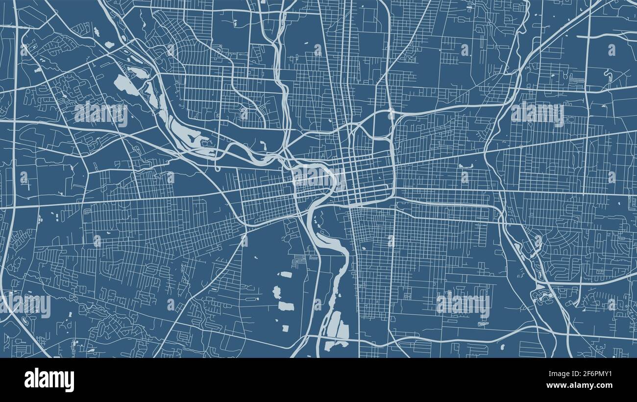Blauer Vektor Hintergrund Karte, Columbus Stadtgebiet Straßen und Wasserkartographie Illustration. Breitbild-Proportion, digitale Flat-Design-Streetmap. Stock Vektor