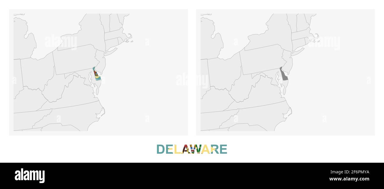 Zwei Versionen der Karte des US-Bundesstaates Delaware, mit der Flagge von Delaware und dunkelgrau hervorgehoben. Vektorkarte. Stock Vektor