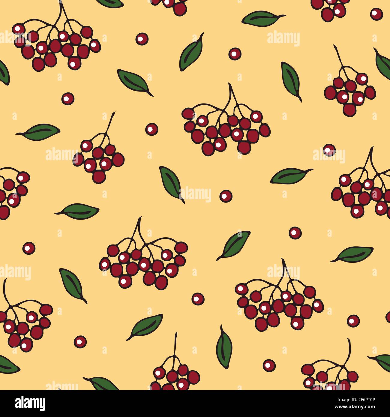 Nahtloses Vektor-Muster mit roten Beeren auf hellrosa Hintergrund. Einfache Eberesche und Blätter Tapete-Design. Stock Vektor