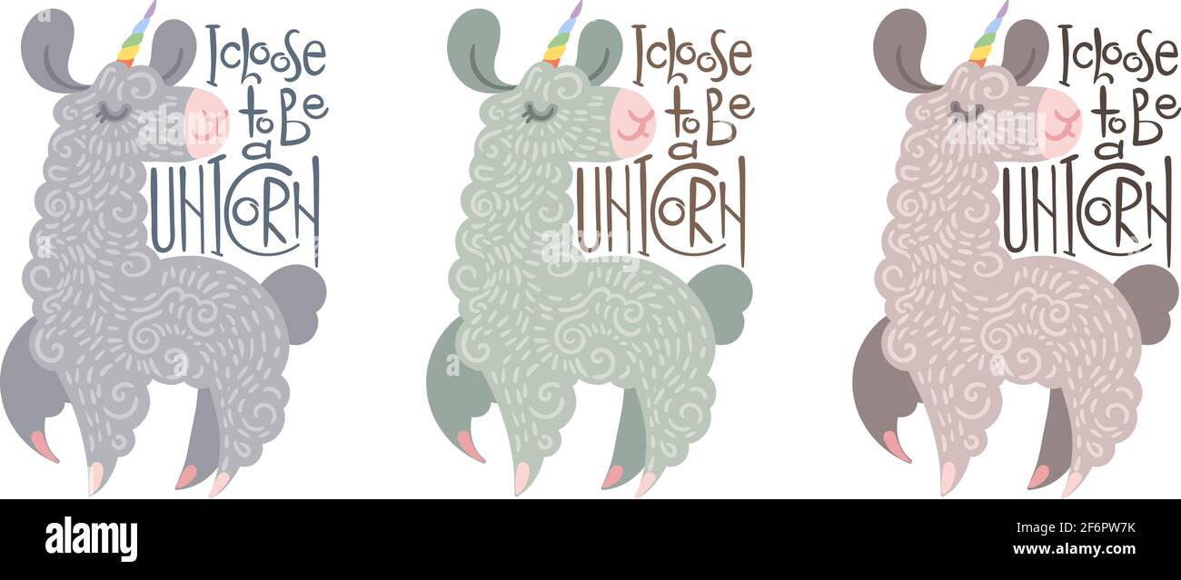 Ich wähle ein Einhorn zu sein. Set von niedlichen Locken Lama-Einhörner fliegen und tanzen mit Glück. Illustration mit Schriftzug für Malblätter, Kinder Stock Vektor