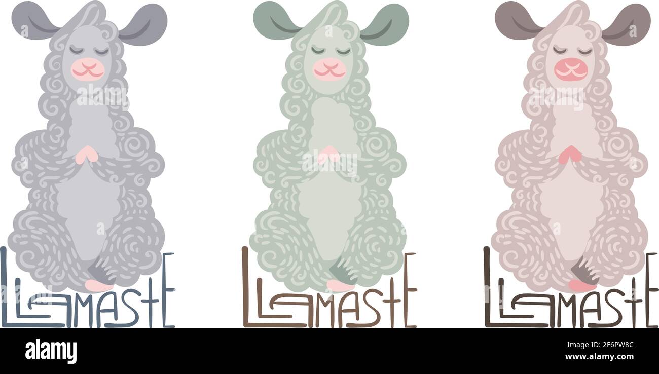 Llamaste. Set von niedlichen Locken Lamas meditiert in der Lotus-Position. Illustration mit Schriftzug für Malvorlagen, Kinder- und Erwachsenendrucke, Baby sh Stock Vektor