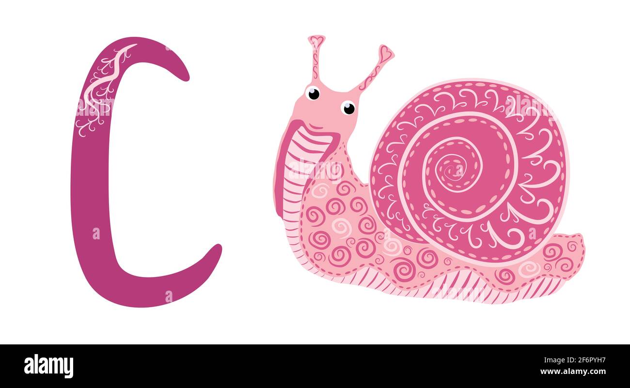 Buchstabe C Kleinbuchstaben niedliche Kinder bunten Zoo und Tiere ABC alphabet Tracing Flashcard von bunten Cochlea für Kinder, die Englisch lernen Wortschatz und Stock Vektor