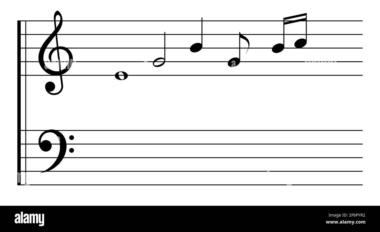 Vorlage für Musikpersonal. Höhen- und Bassschlüssel auf fünfzeiligen Notensystem. Illustration isoliert auf Weiß. Stockfoto