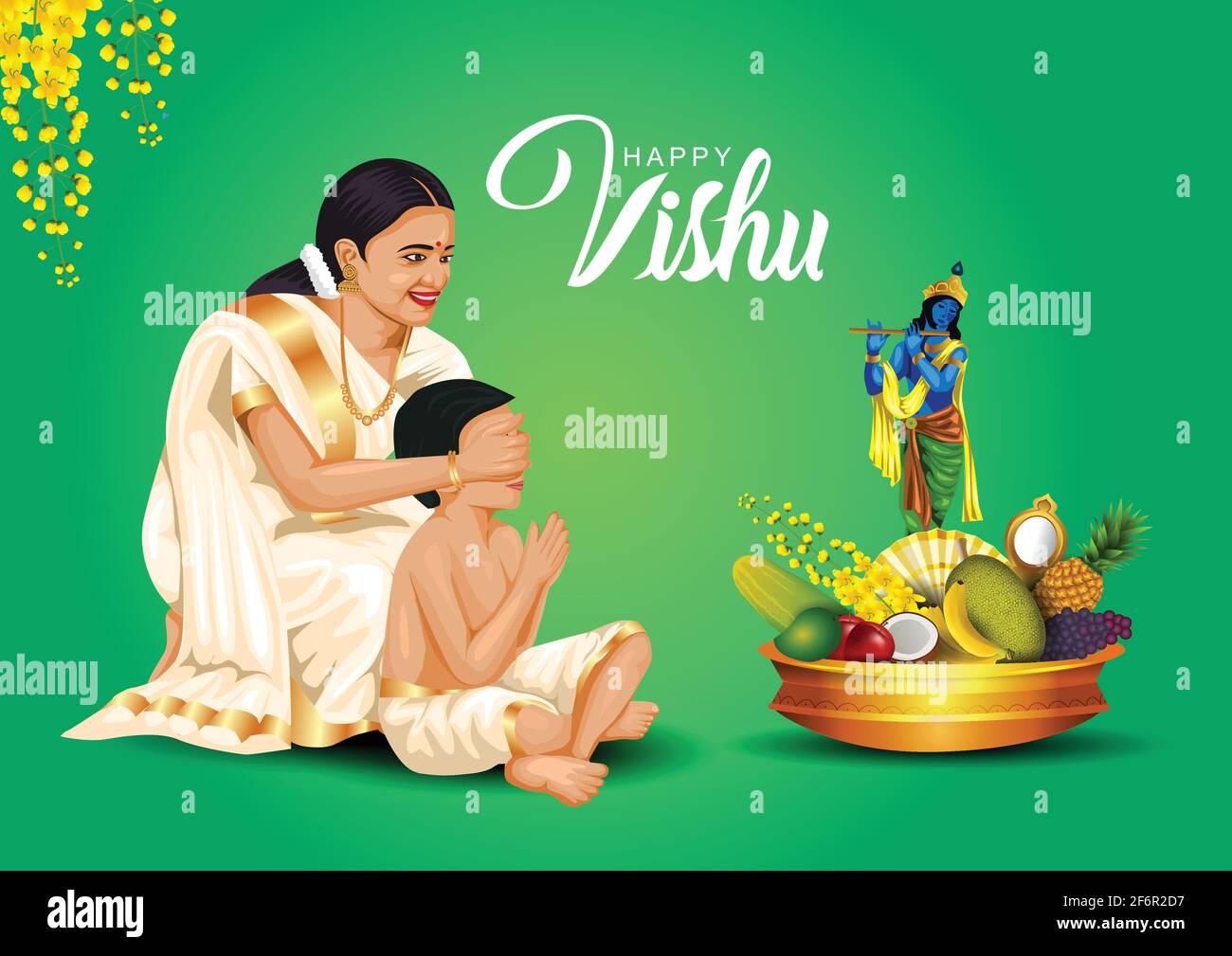Alles gute für Vishu. April 14 Kerala Festival mit Vishu Kani, vishu Blume Früchte und Gemüse in einem Bronzegefäß. vektor-Illustration Design (Ma Stock Vektor